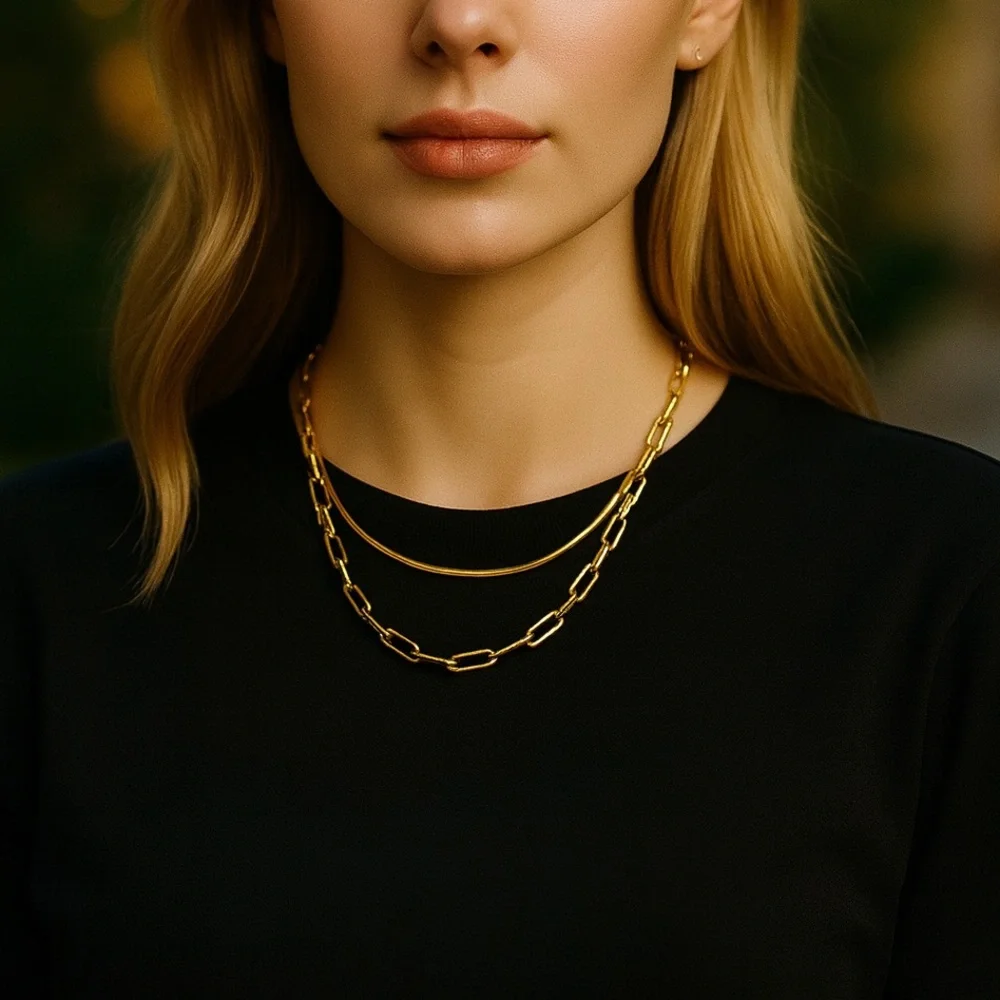 NEW 18K GOLD PLATED LAYERING SET “ASTRA” – 2MM Snake Chain + Paperclip Chain